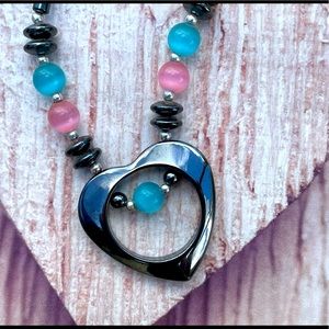 Hematite Necklace with blue and pink stones